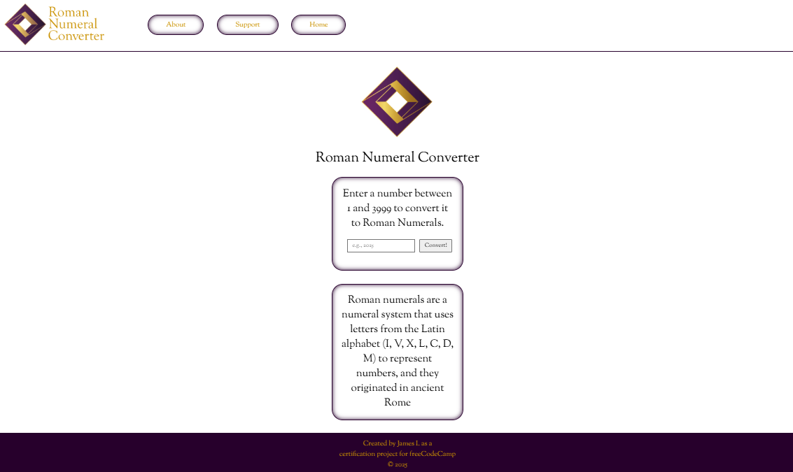 A screenshot of a Roman numeral converter project.